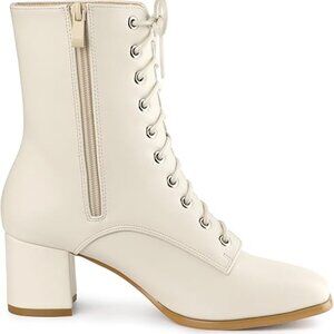 Lace Up Square Toe Chunky Heels Cream Ankle Combat Boots
